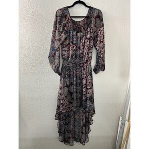 Fire Los Angeles Dress Purple Paisley Boho Peasant Hi-Lo Ruched Off Shoulder M